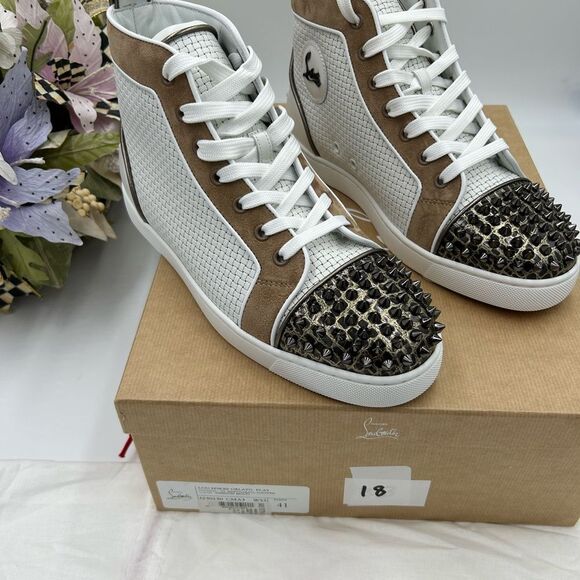 Christian Louboutin White and Brown Spiked High-Tops - Picture 2 of 13